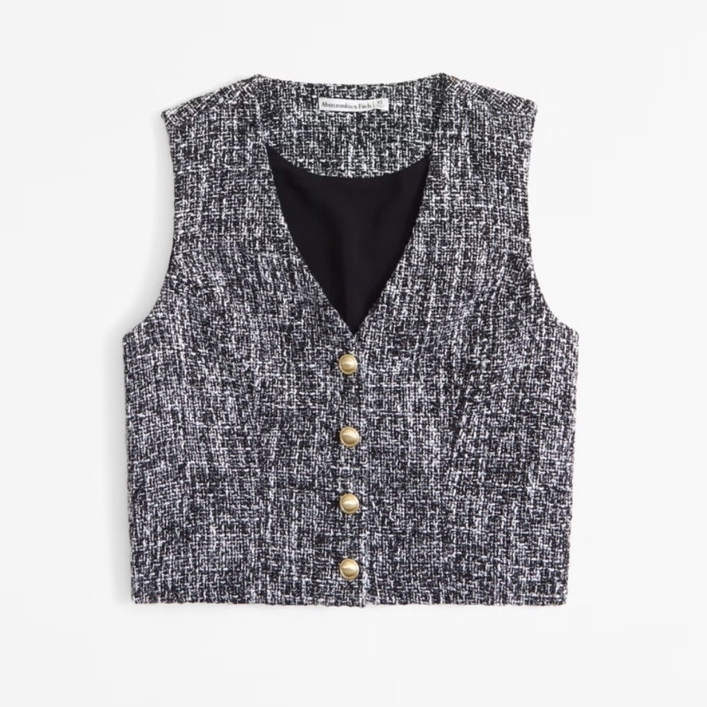 Abercrombie & Fitch Tweed Button-Down Vest Tank Top Sleeveless Boxy V-Neck Knit